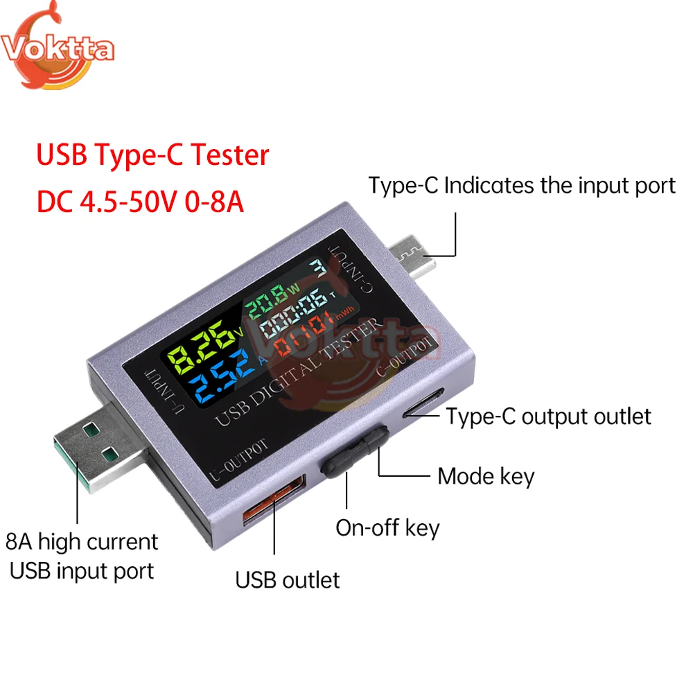 Probador USB Dual tipo C DC 4,5-50V 0-8A pantalla Digital multifunción amperímetro de voltaje medidor de potencia probador de carga de banco de energía