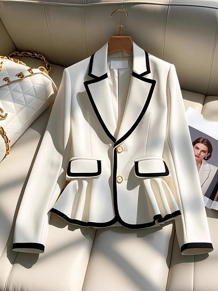 ภาษาฝรั่งเศสคํา Elegant Blazers Notched คอยาวแขนยาว Ruffles Contrast สีเสื้อฤดูใบไม้ผลิฤดูใบไม้ร่วงหญิง Slim Design เสื้อผ้าผู้หญิง