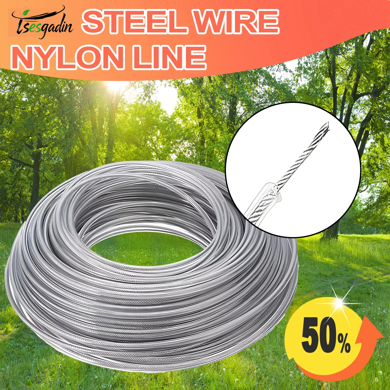 TSES 2,4 ~ 4 мм * 15 м стальная проволока, нейлоновая леска для триммера для травы, веревка для триммера, шнур для газонокосилки, прочная стальная леска для триммера