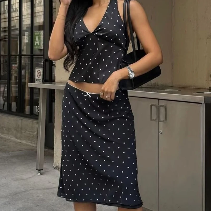 YENKYE 2025 ผู้หญิงวินเทจสีดําสีขาว Polka Dot A-Line เข่าความยาวกระโปรงเซ็กซี่ต่ําเอววันหยุดฤดูร้อนกระโปรง