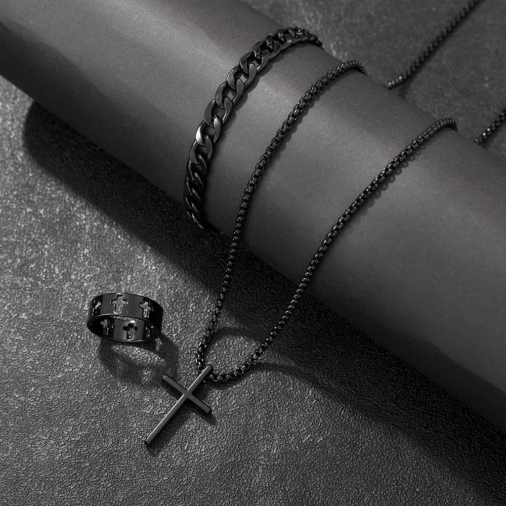 Conjunto de joias de liga de moda masculina de 3 peças – combinação de colar, pulseira e anel com pingente de cruz