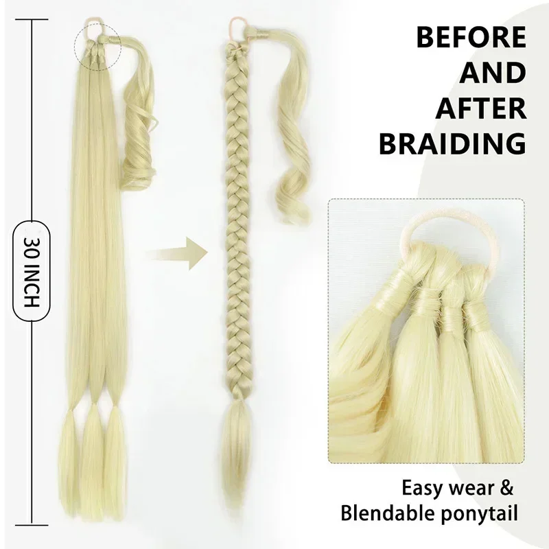 30 นิ้วถักหางม้ายางสังเคราะห์ DIY สีบลอนด์ Braids ผมปลอมหางม้าสําหรับผู้หญิงยาว Braid Horse TAIL Extensions