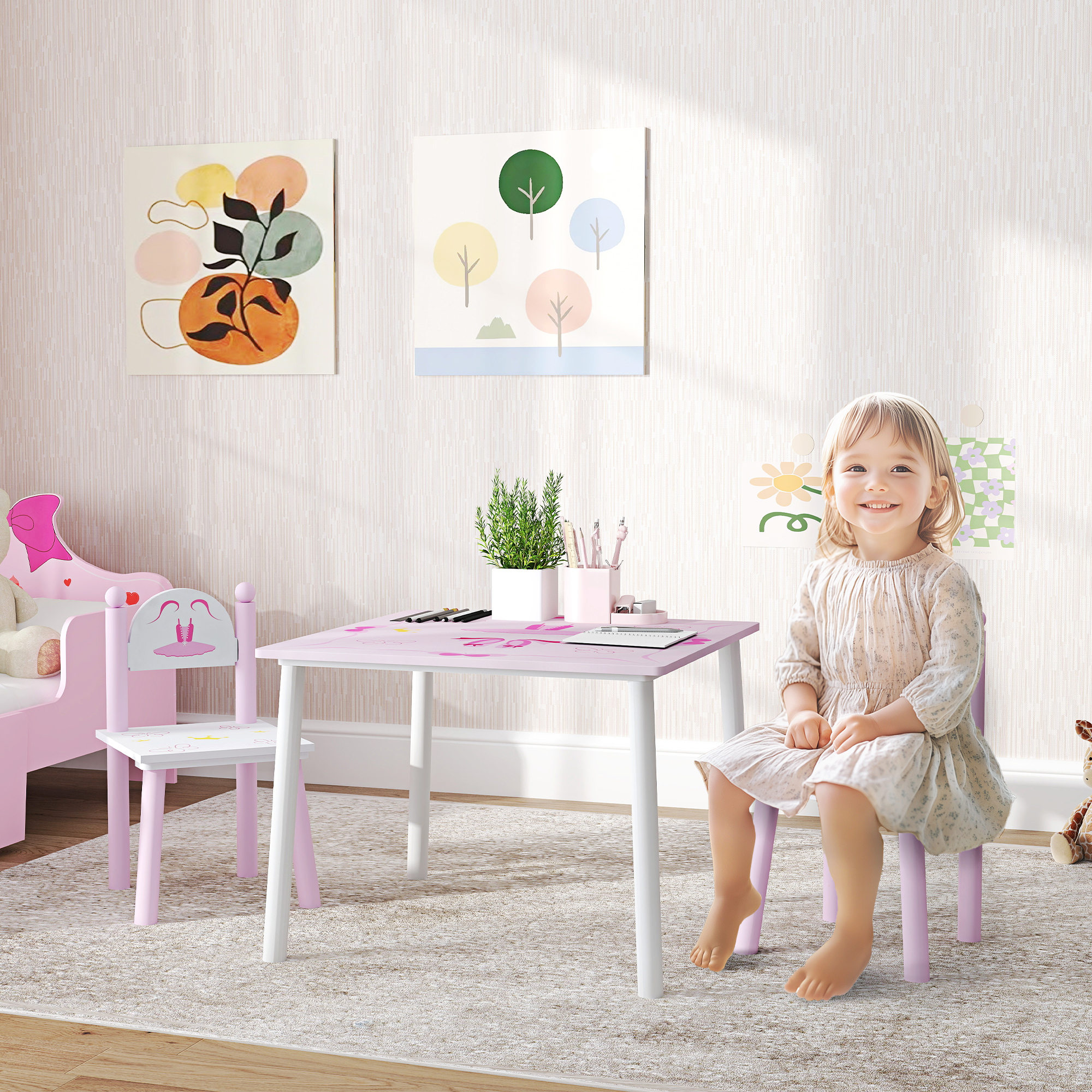 Aiyaplay Table et chaises pour enfants de 2 à 5 ans rose et blanc