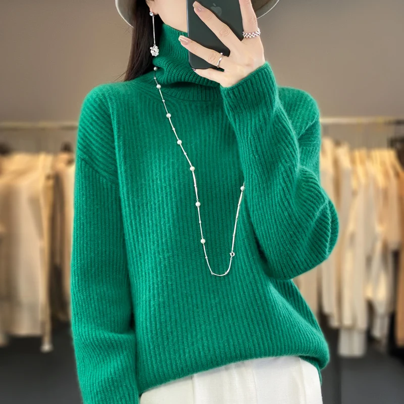 Sweater wanita rajut leher tinggi, atasan wol kasmir 2023, Pullover rajut Mode Korea tebal musim gugur dan musim dingin 100%