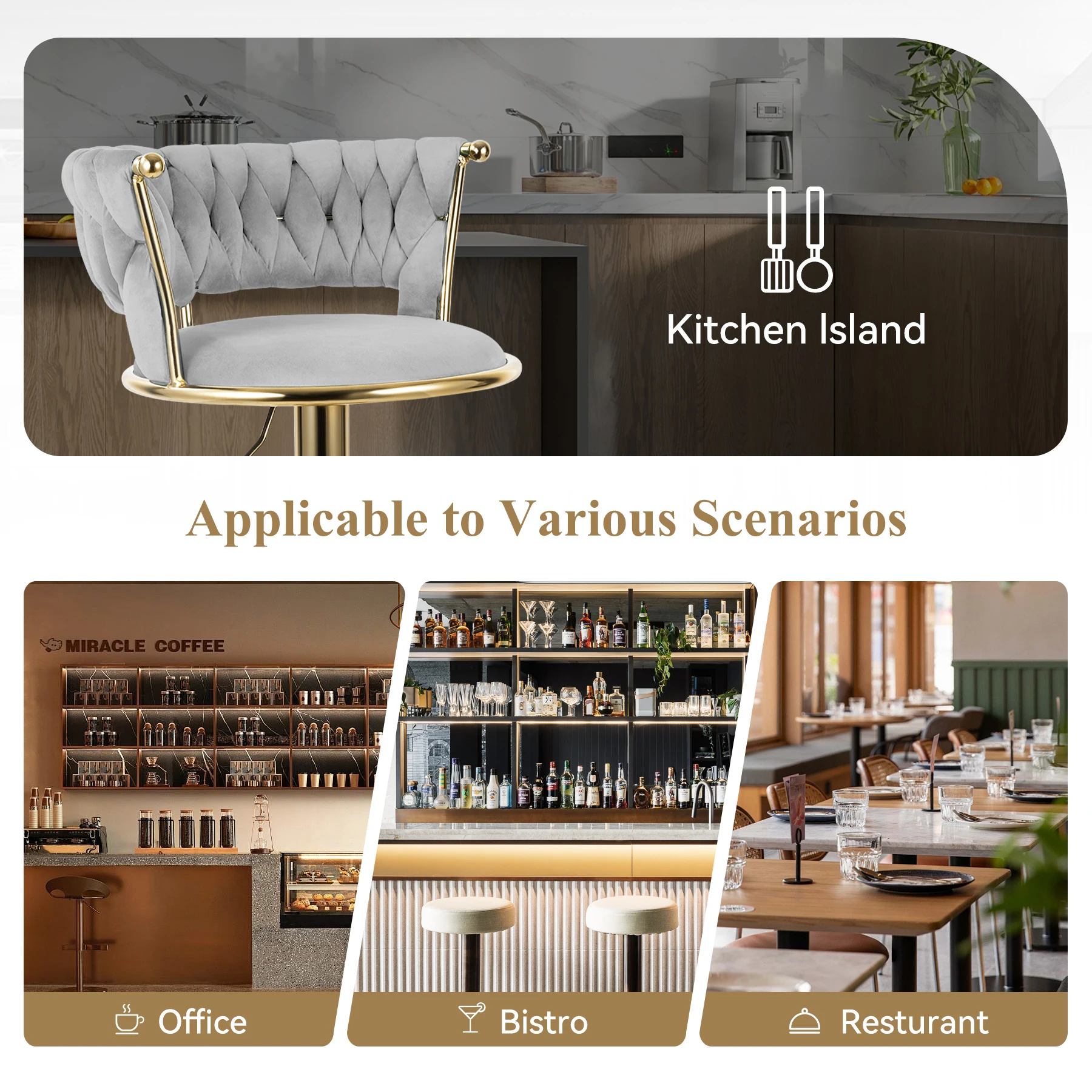 2 Pcs Modern Rotary Bar Chair, 360° Adjustable Counter Height Bar Stool, With Backrest, Suitable For Bar, Kitchen, Restaurant