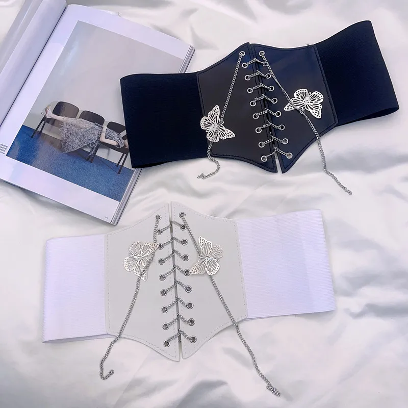 Cinturón elástico con encuadernación para mujer, cadena de mariposa, corsé ancho, faja para vestido femenino, accesorios de ropa