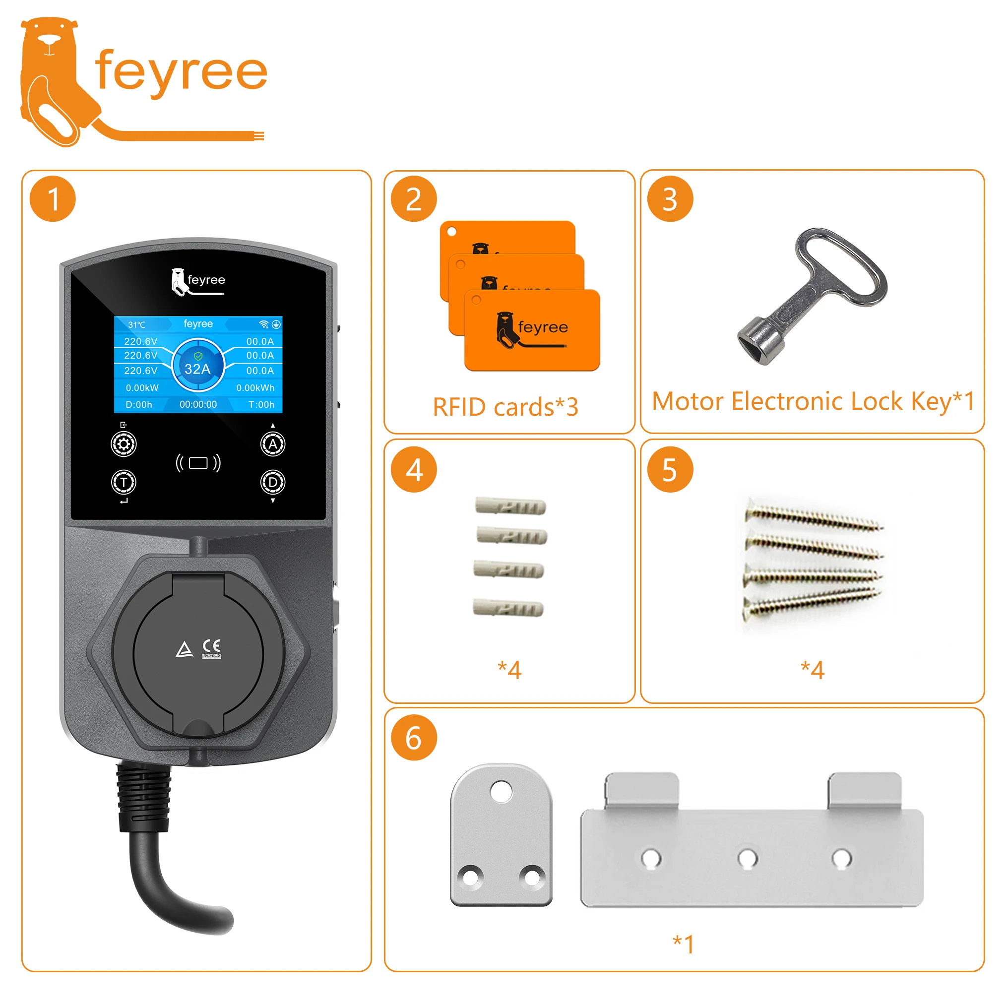 Feyree Type2 EV Зарядное устройство Версия 22 кВт Умное зарядное устройство для электромобиля TS-NACS Type1 GB/T Plug EVSE Wallbox WIFI Управление через приложение