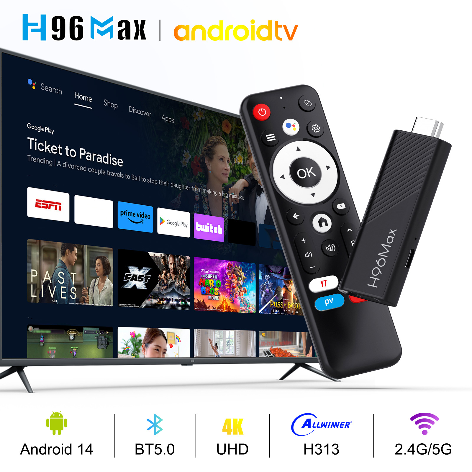 2024 H96 MAX H313 TV Stick Android 14 2 ГБ 16 ГБ 8 ГБ Dual Wifi6 BT5.0 4K HD Google Voice Assistant Домашний медиаплеер AI TV Stick