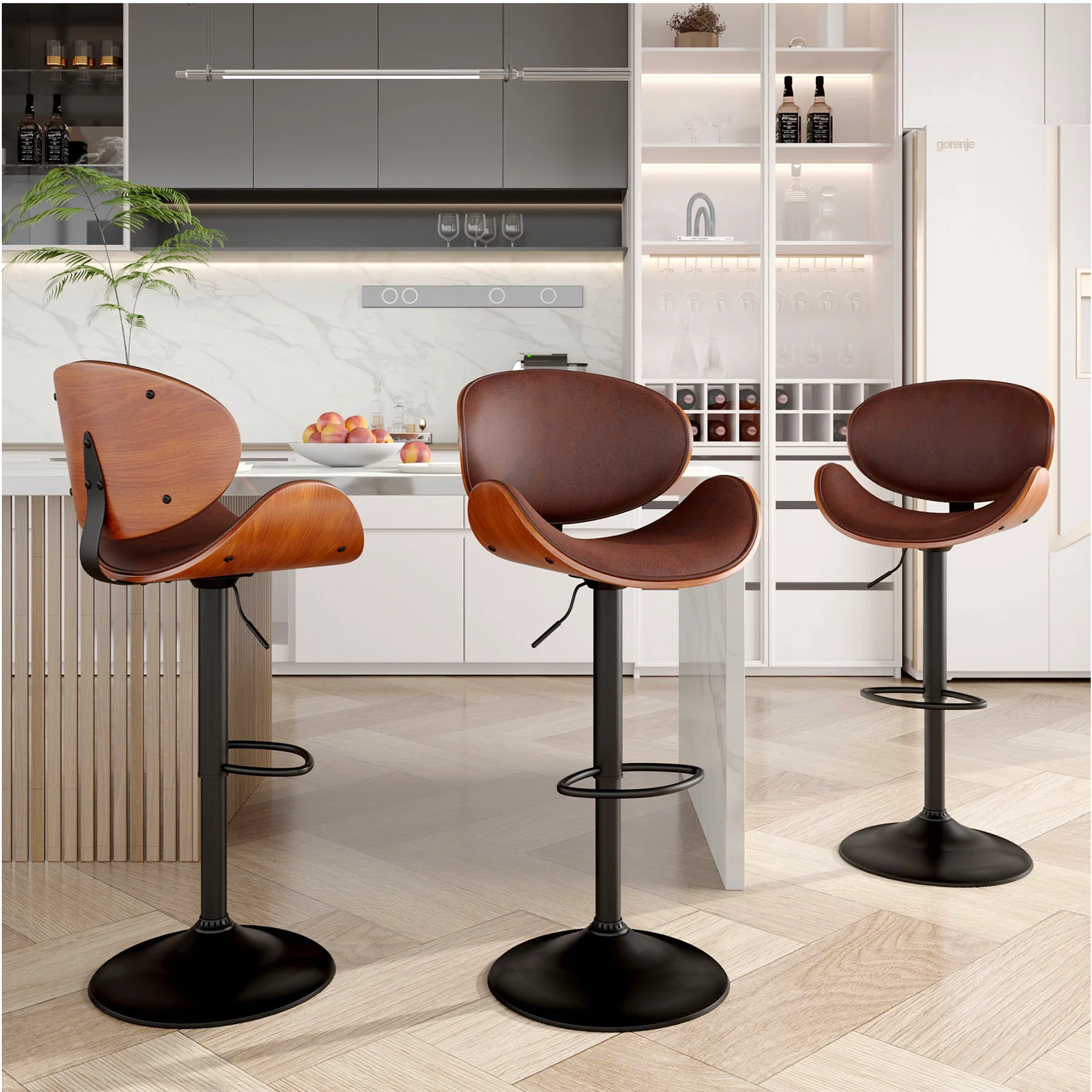 2 Pcs Bar Chair, 360 Degrees Swivel °   Rotatable Bar Stool with Backrest and Footrest, Pu Leather Upholstered, Suitable for Bar, Kitchen, Dining