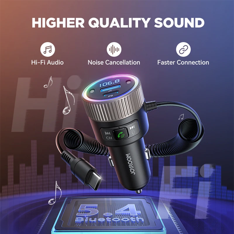 JOYROOM 60W Bluetooth 5.4 FM Transmitter PD QC 3.0 Super Fast Car Charger Dual Mics HiFi Deep Sound USB C Car Charging Adapter