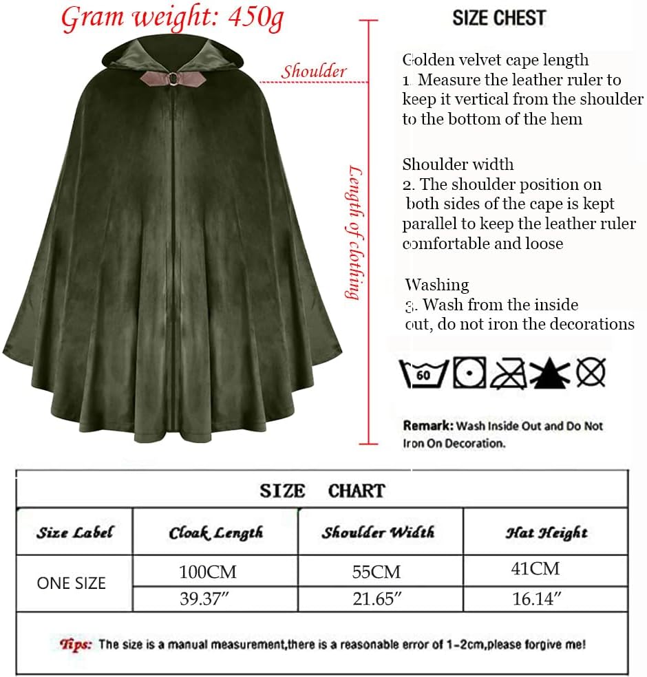 L'VOW Capa medieval de terciopelo con capucha - Capa renacentista con capucha Capa vintage Disfraz de hechicero de Halloween
