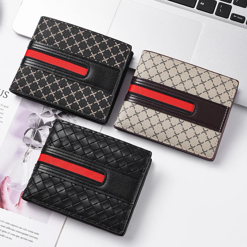 Nueva cartera de cuero ultrafina tejida a mano con múltiples ranuras y tres pliegues para hombre, tarjetero, monedero moderno y sencillo
