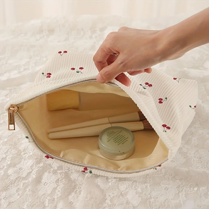 Modische Make-up-Tasche aus Cord mit Kirschmuster, großes Fassungsvermögen, leichte Make-up-Aufbewahrungsbox mit Reißverschluss, multifunktionale Tasche mit Futter