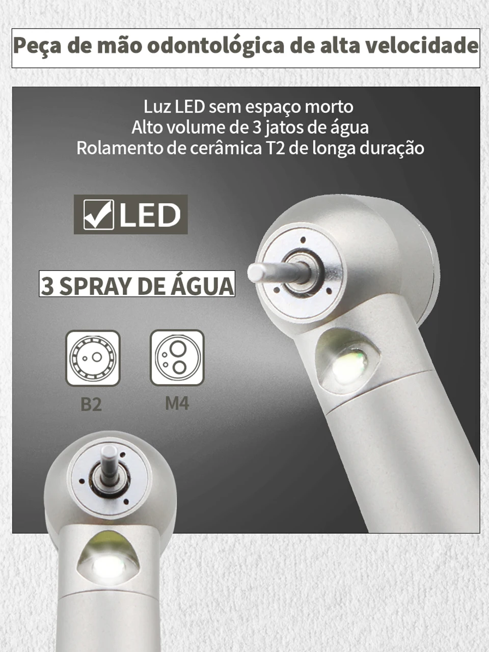 Peça de mão odontológica de LED de alta velocidade e alta rotação com 3 sprays de água e resfriamento rápido com rolamento de cerâmica e ponta de turbina de baixo ruído Ferramentas odontológicas