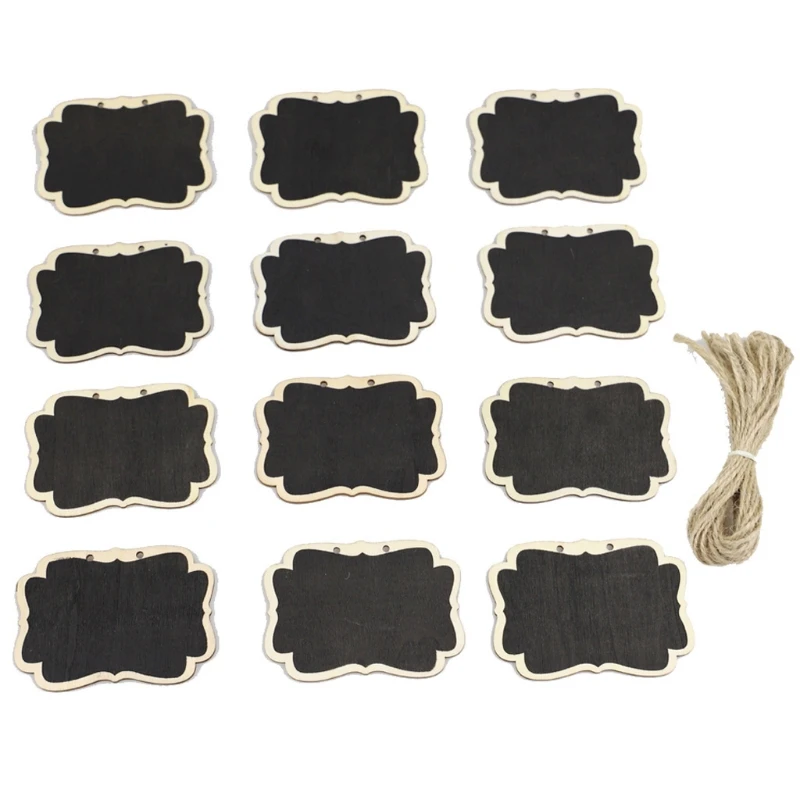 Set of 12 Black Slate Erasable Hanging Chalkboard Signs Tags Label w/ Jute String Wall Decor Wooden Chalkboard Signs Drop Ship