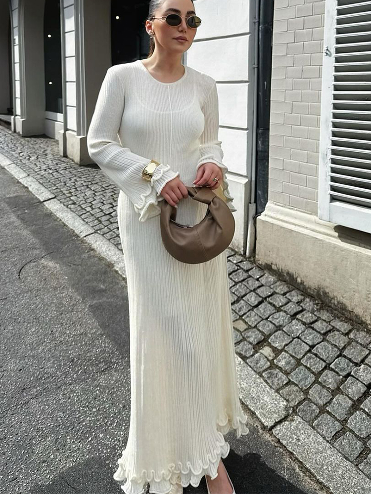 Vestido largo de punto con volantes para mujer, prenda con Espalda descubierta, cuello redondo, mangas acampanadas, 2024