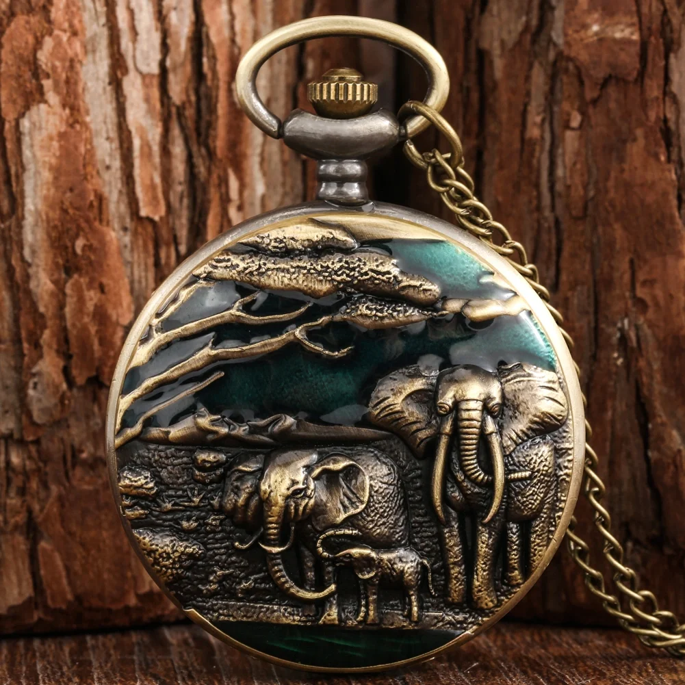 Novo elefante vívido gravura vintage bronze árabe literal quartzo grande relógio de bolso camisola corrente masculino feminino pingente relógio presente