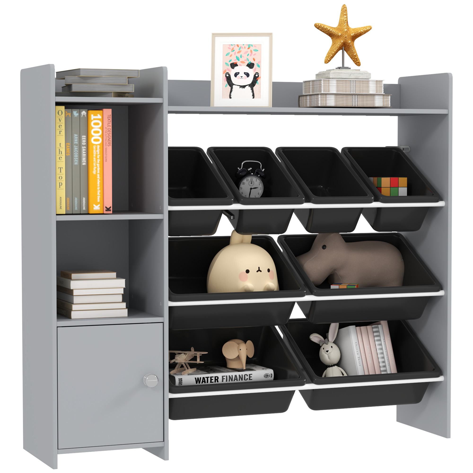 AIYAPLAY Toy Storage Unit, with 8 Removable Bins, Storage Shelves, Cabinet, for Playroom, Kids Room, Nursery, Grey