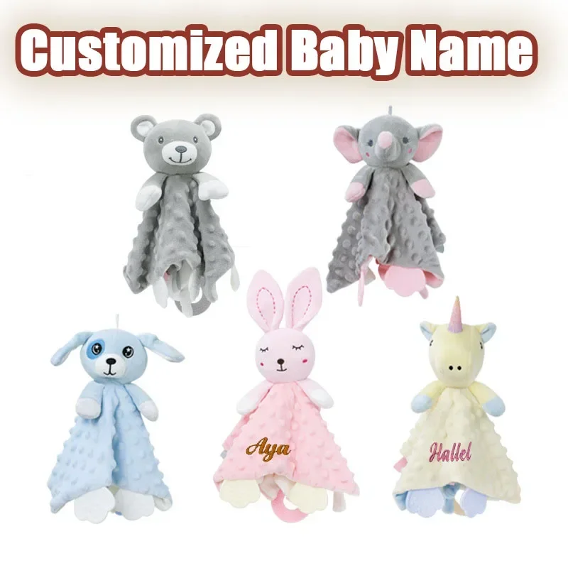 Manta de seguridad personalizada para bebé, mordedor, juguete de peluche, manta personalizada, edredón, conejito, elefante, calma, regalo para bebé