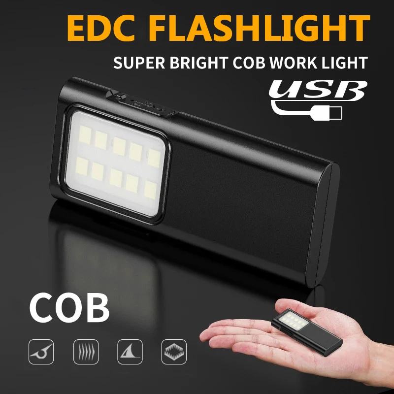 Linterna COB con 4 modos de iluminación, linterna EDC recargable por USB con Clip para bolígrafo, estroboscópico para pesca, Camping, reparación