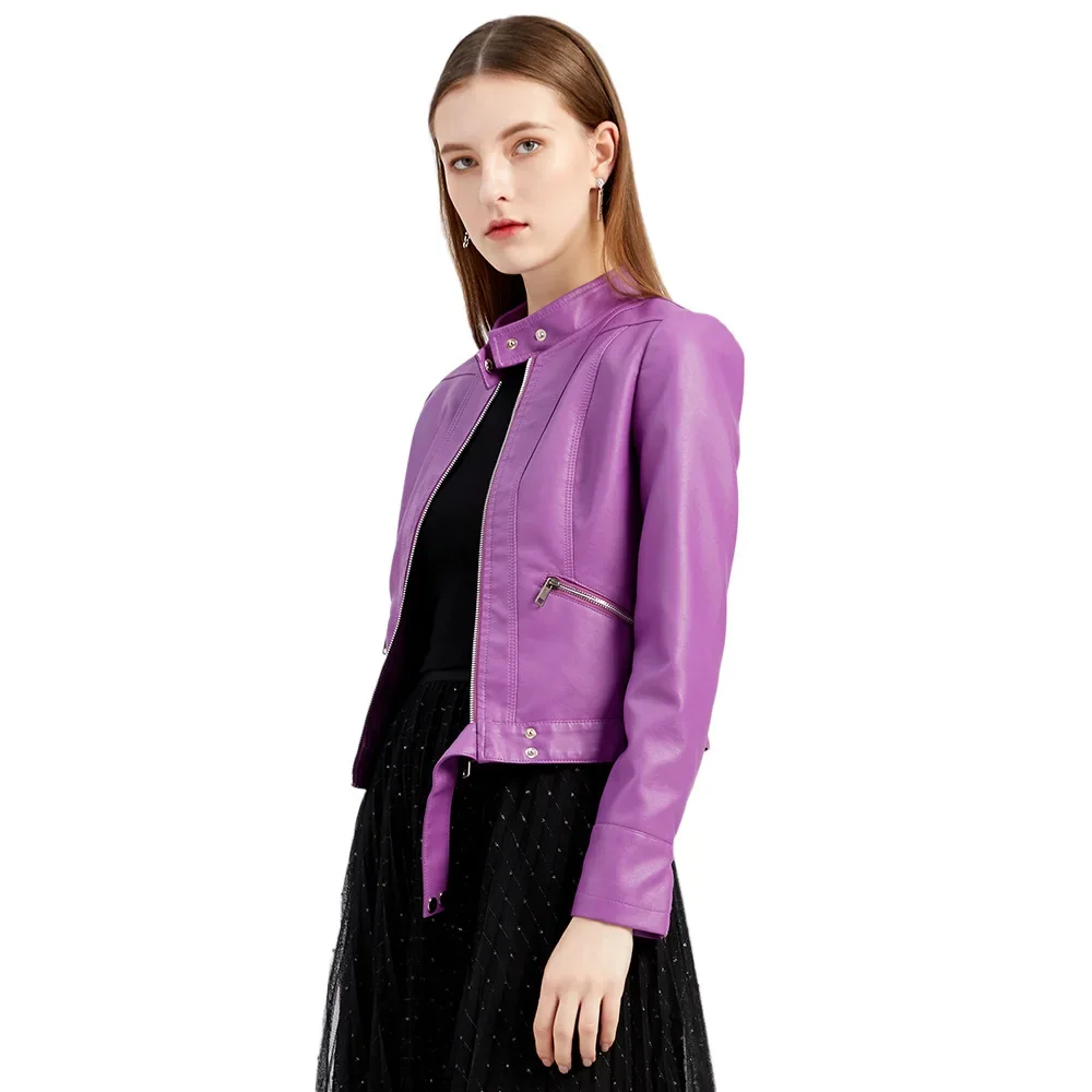 Senhoras bonito roxo jaqueta de couro oversize feminino curto colheita topo primavera outono fino ajuste zip up casacos de couro falso outerwear xxxl