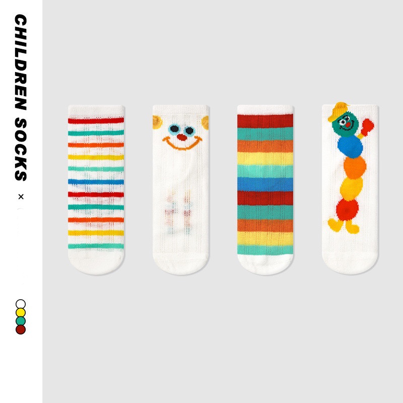 4 Paar Kinder-Mesh-Socken in der Mitte der Wade, Cartoon-Raupenmuster, atmungsaktiv, bequem, gestreiftes Design für Kinder