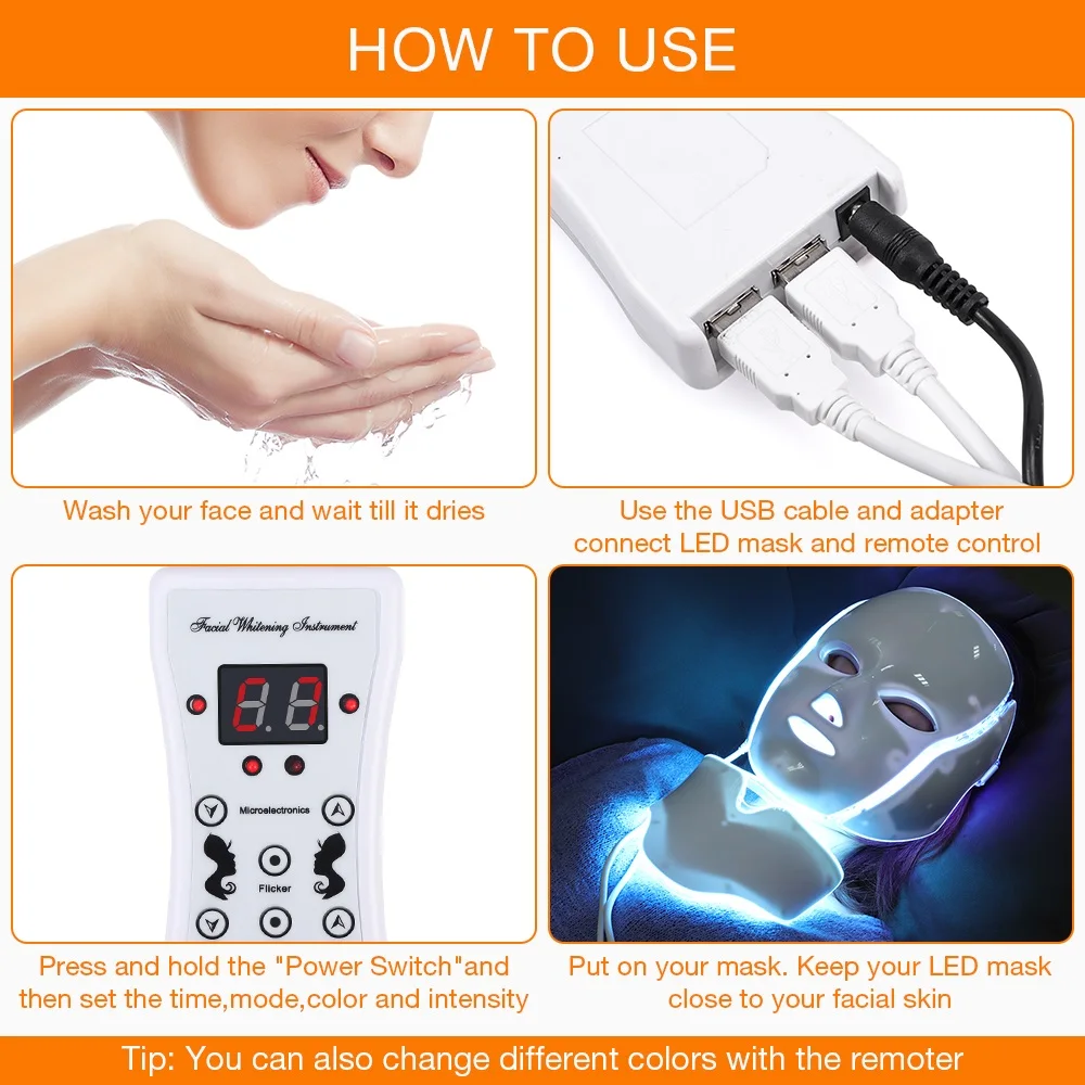7 สี LED หน้ากากใบหน้าพร้อมคอ LED Light Photon หน้ากากฟื้นฟูผิวป้องกันสิวอุปกรณ์ความงาม Face Lifting Firm Massager