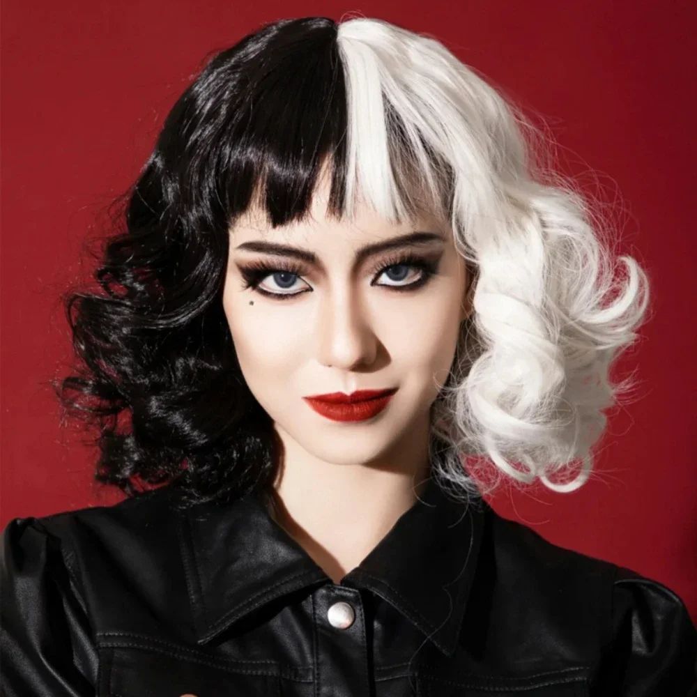 여자 Crurlla 드레스 합성 가발 여자 Cruella 코스프레 흑백 곱슬 짧은 Deville 곱슬 전체 머리 커버