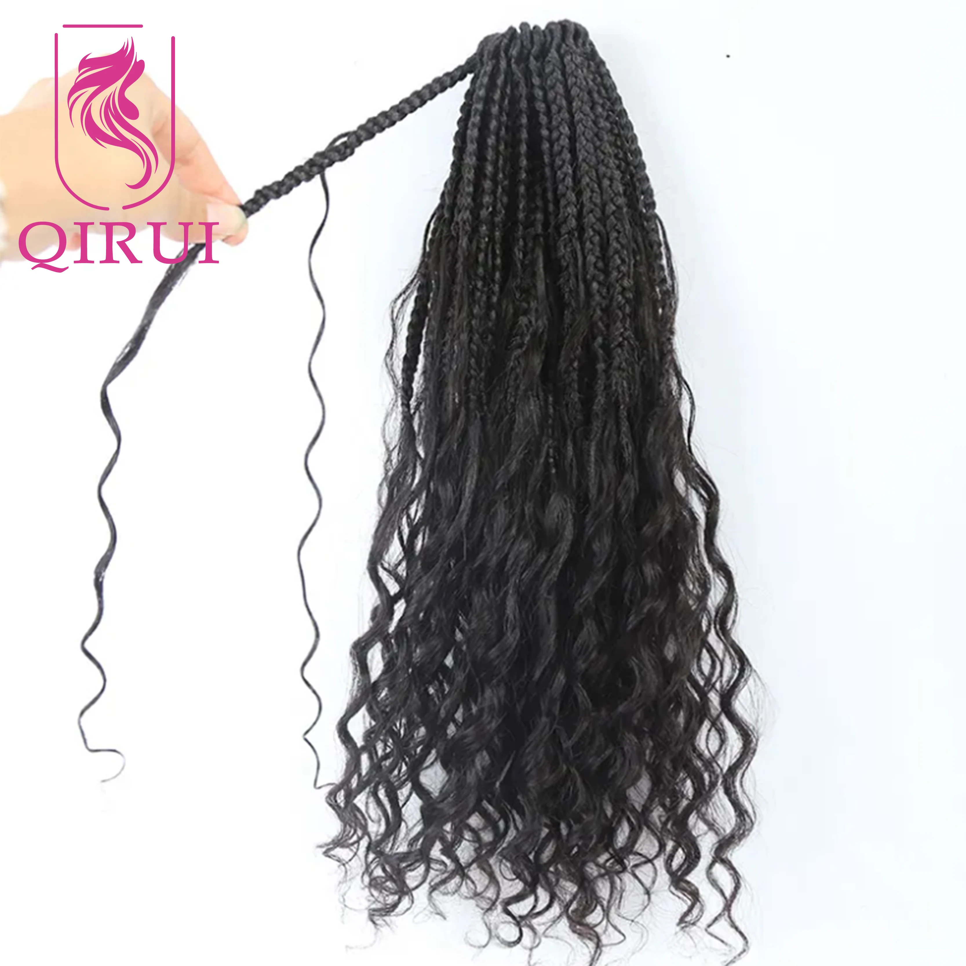 Crochê boho caixa tranças com cachos de cabelo humano pré looped caixa tranças com cabelo humano encaracolado extremidades completas 30 Polegada extensões de cabelo