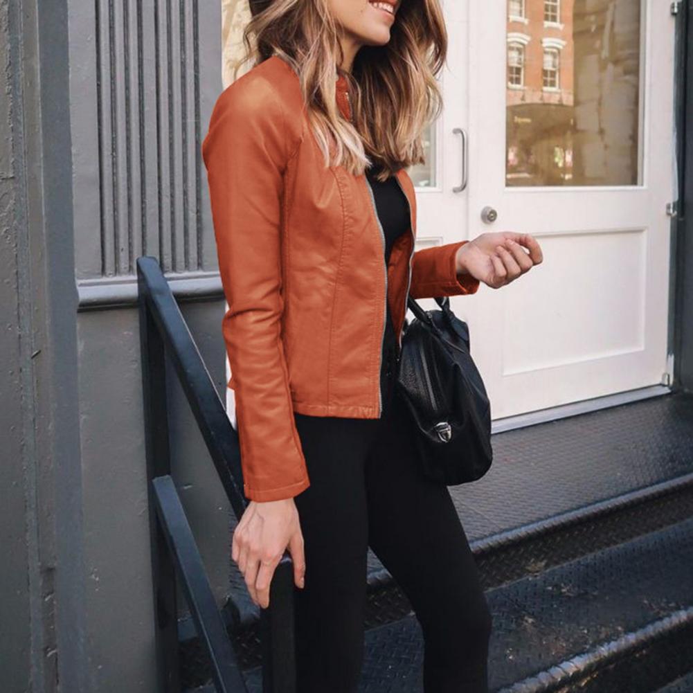 Faux Leather Jacket Women Stand Collar Zipper Outwear Motorcycle Lady Casual Short Thin Jacket