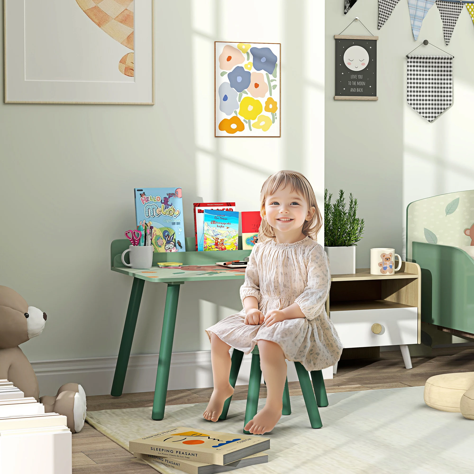 Tavolo e sedia per bambini Aiyaplay in 2 pezzi con libreria verde
