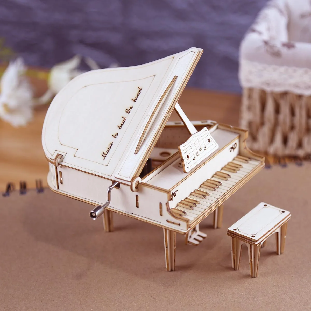 Creative Hand Cranked เปียโนเพลงกล่องไม้ 3D ชุดปริศนาอาคารบล็อกชุดของเล่น DIY ประกอบสําหรับวัยรุ่นและผู้ใหญ่ของขวัญ