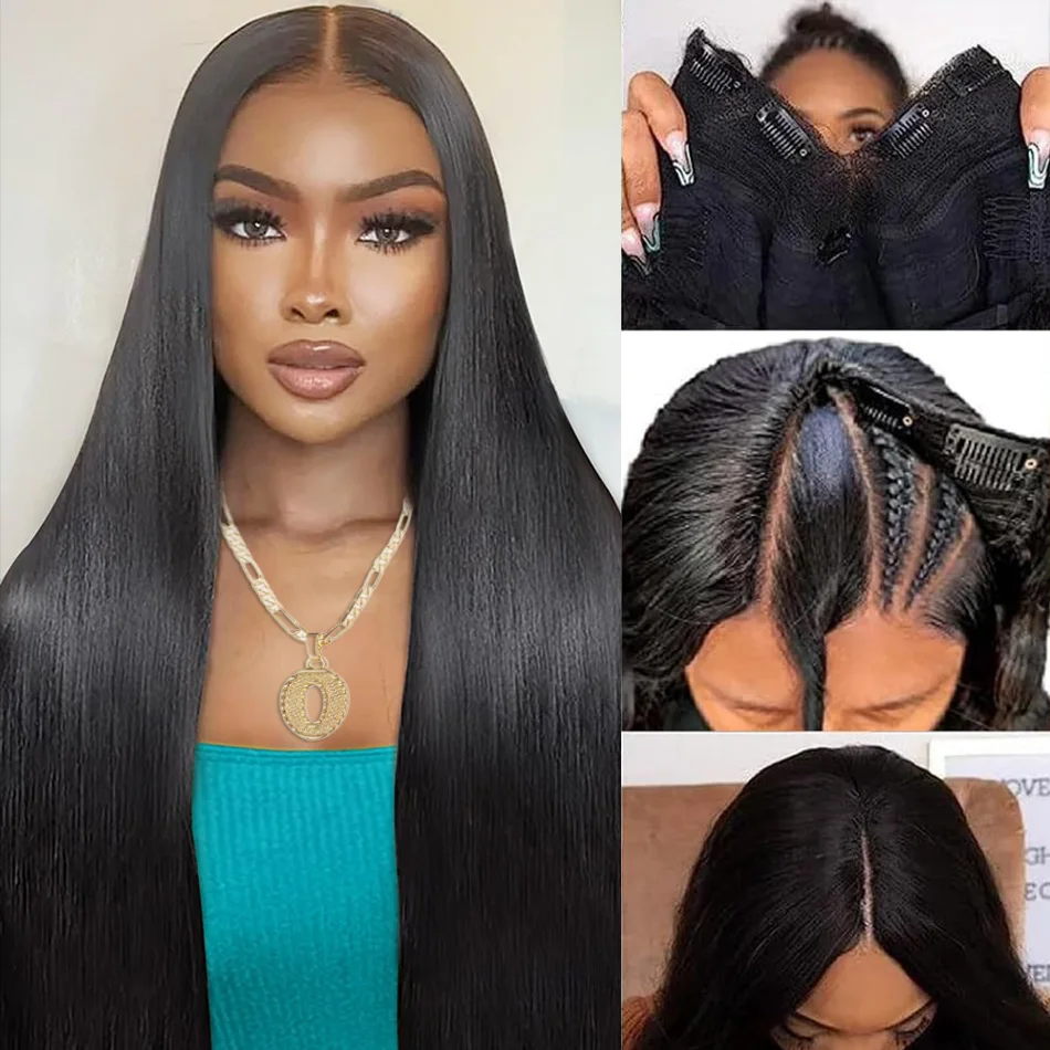 V parte perucas de cabelo humano 100% em linha reta perucas de cabelo humano sem deixar para fora sem costura sem cola 220 densidade natural preto iniciante amigável