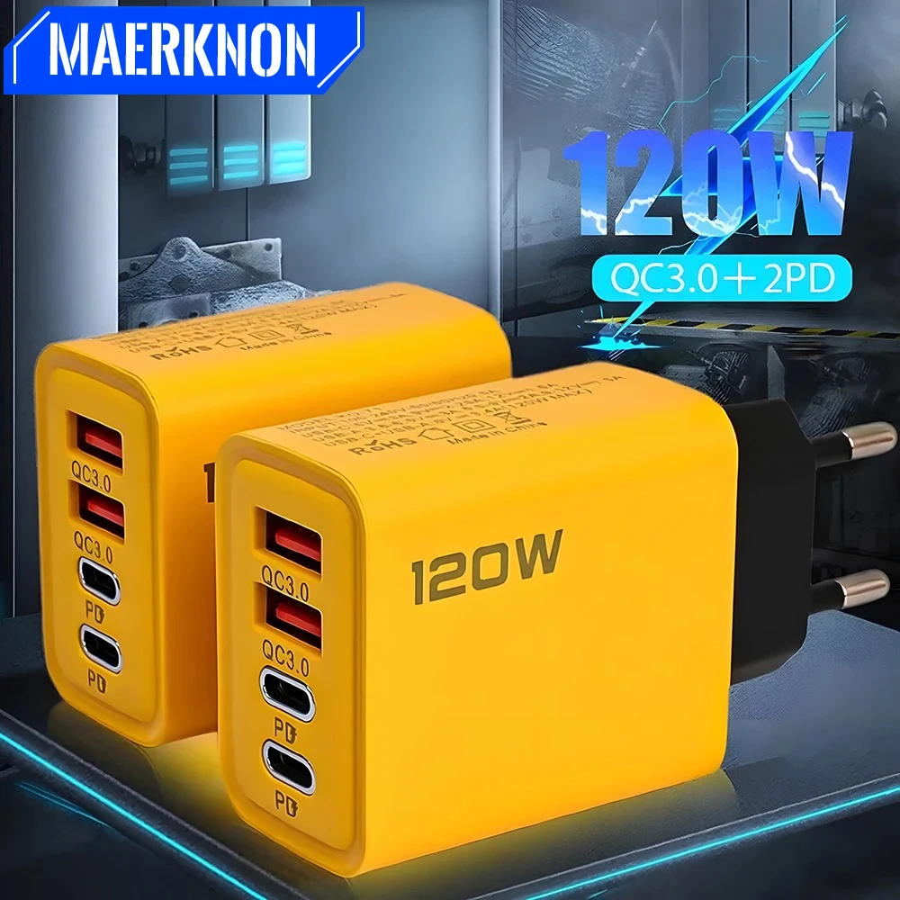 Caricatore USB multiporta da 120 W Tipo C Adattatore di alimentazione a ricarica rapida per iPhone Samsung Xiaomi Telefono Caricatore da muro con spina UE/USA a ricarica rapida