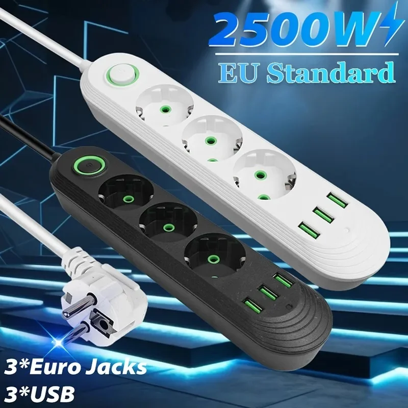 2500W EU Plug AC Outlet Multiprise Power Strip Extension Cord European Standard Socket Network Filter With USB Ports Charging