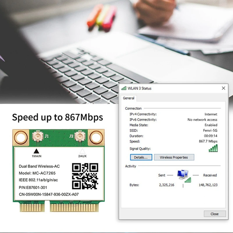 1200Mbps Bluetooth 4.2 Wifi Card Mini PCI-E Wifi Card MC-AC7265 Wireless Network Card 7265 802.11Ac 2.4G 5Ghz For Laptop 7260HMW