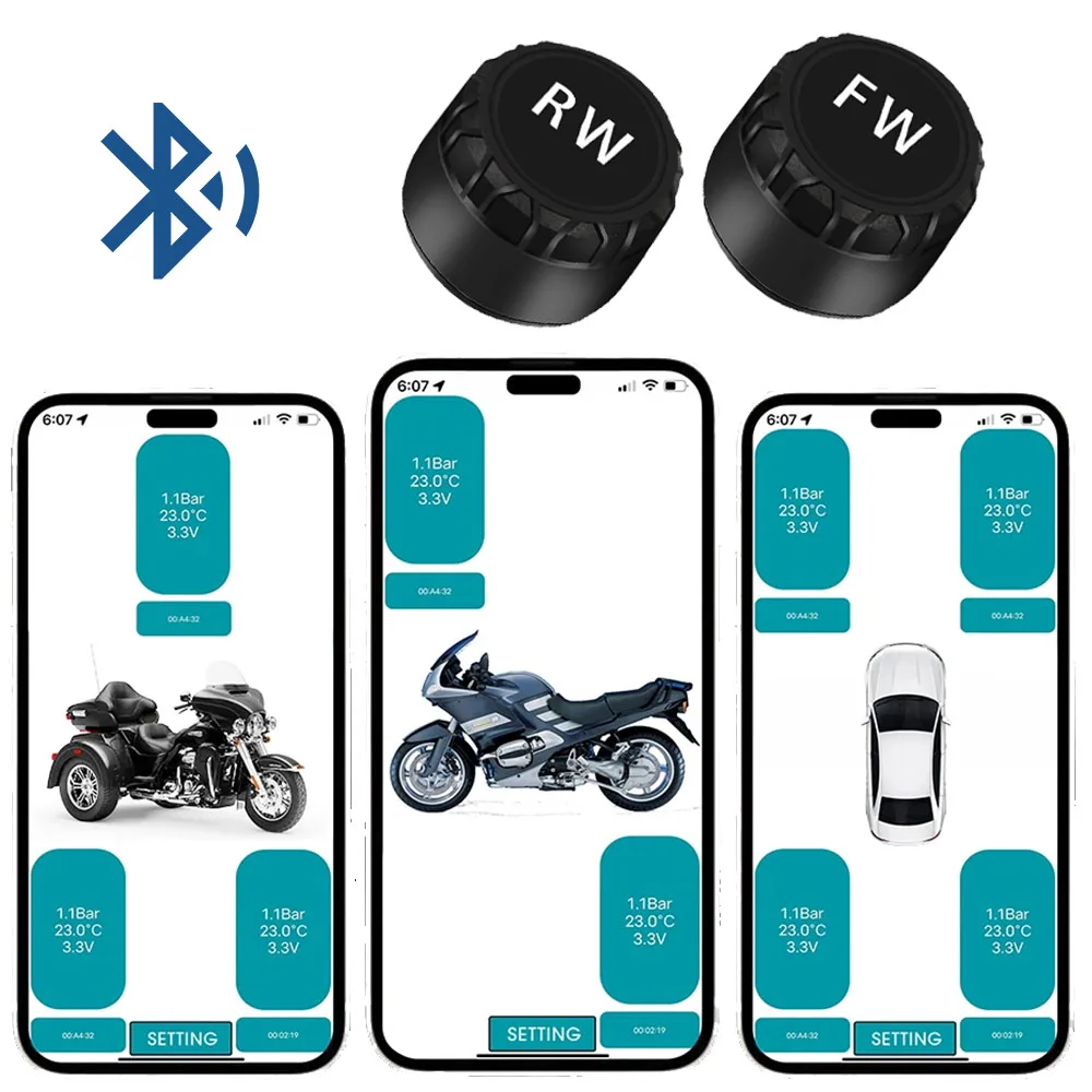 Sistema de supervisión de presión de neumáticos TPMS inalámbrico Bluetooth5.0 para motocicleta IP67 resistente al agua con 2 sensores externos compatible con Android/IOS