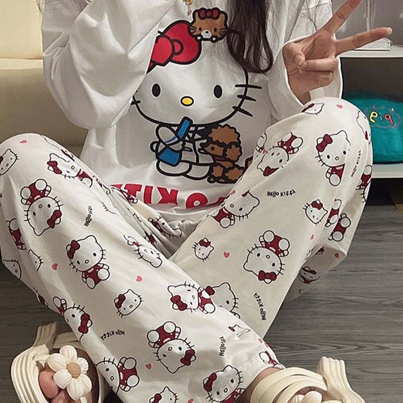 Kawaii Sanrios Hello Kitty Damen Pyjama Set Anime Cartoon Studenten Herbst Winter Polyester Langarm Mädchen Nachtwäsche Geschenk