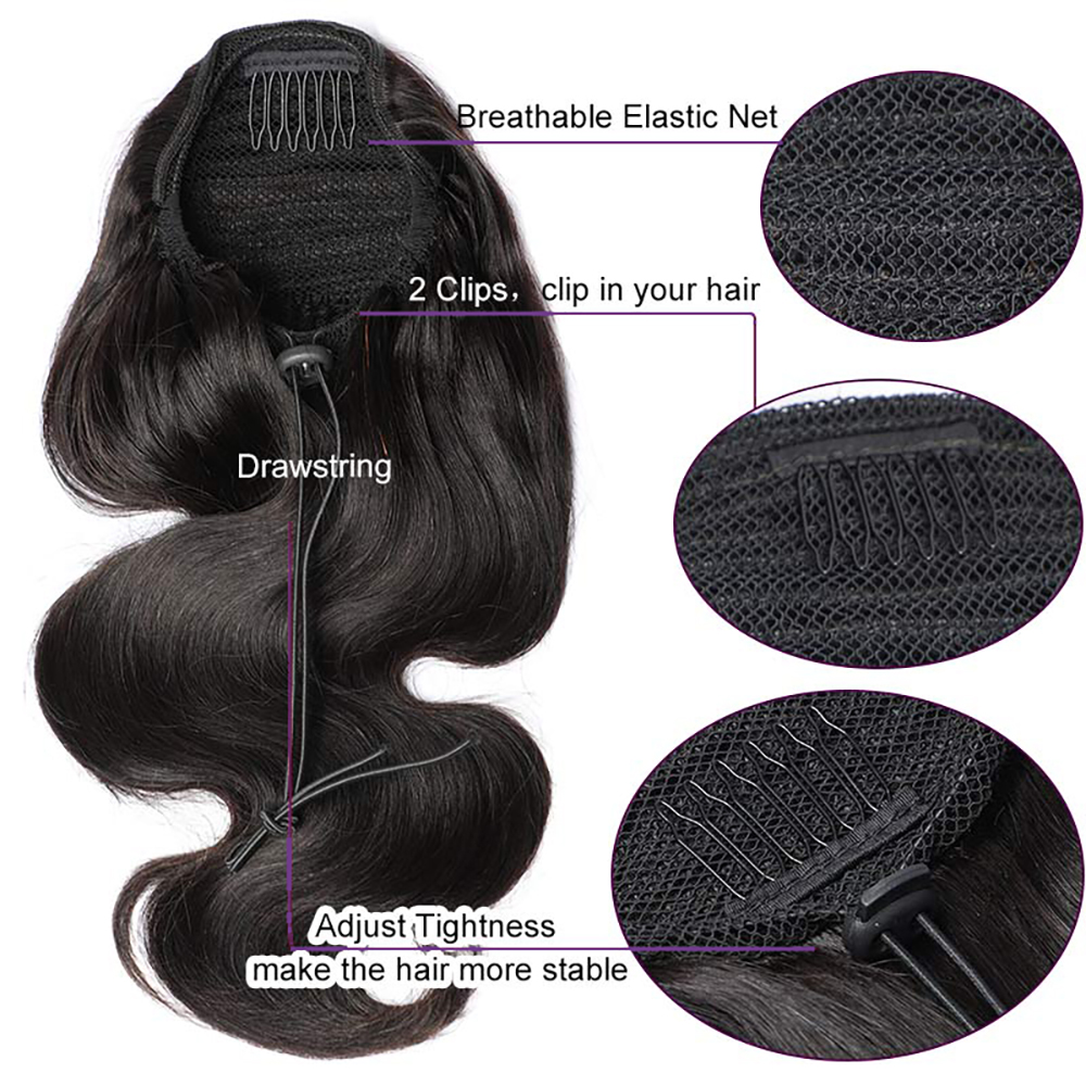 Vague de corps cordon queue de cheval naturel noir brésilien 100% vrais cheveux humains queue de cheval pince dans les cheveux Extensions de queue de cheval pour les femmes