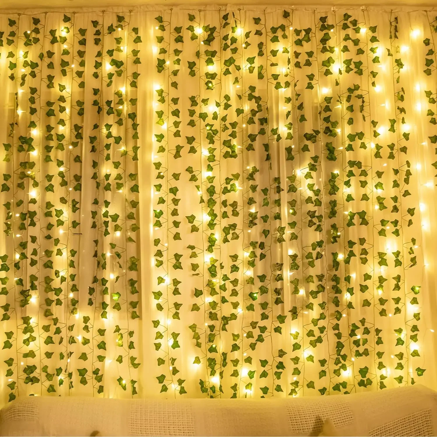 2 เมตร LED light string ประดิษฐ์สีเขียว Vine บ้านคริสต์มาสงานแต่งงานเจ้าสาวสวนแขวนพืชสีเขียวปาร์ตี้ตกแต่ง DIY