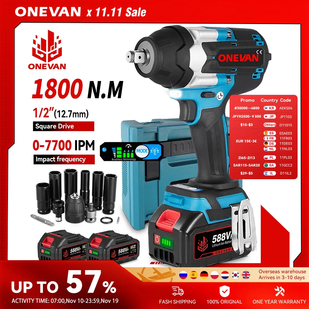 ONEVAN 1800N.M Бесщеточный электрический ударный гайковерт с крутящим моментом 1/2 дюйма, отвертка, аккумуляторный ключ, электроинструменты для батареи Makita 18 В