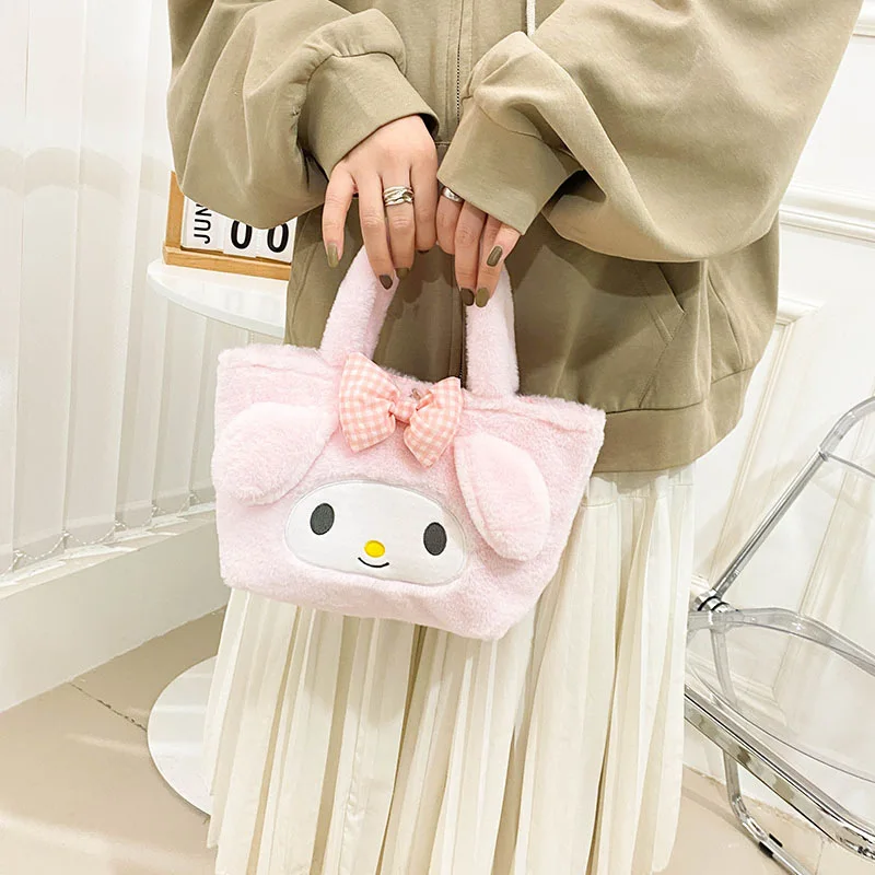 Kawaii Sanrio Plush กระเป๋า My Melody Kuromi การ์ตูนสัตว์กระเป๋าถือน่ารัก Cinnamoroll Storage Tote กระเป๋าผู้หญิงของขวัญวันเกิด
