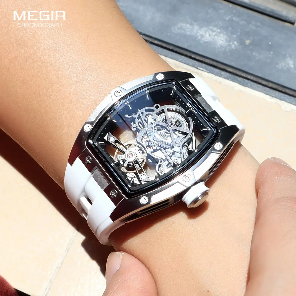 MEGIR 2242 นาฬิกาสําหรับชายแฟชั่นทหารกีฬา Analog นาฬิกาข้อมืออัตโนมัติพร้อมสายซิลิโคนสีขาว Tonneau Dial