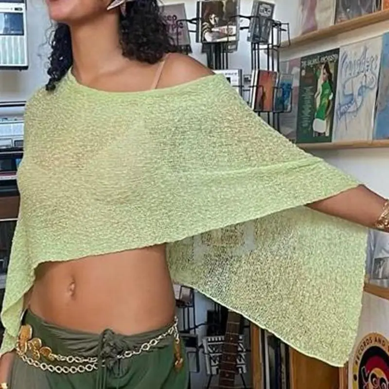 Combhasaki femmes tricots Bikini cache transparent solide épaules nues irrégulière Triangle ourlet ample pull été plage hauts
