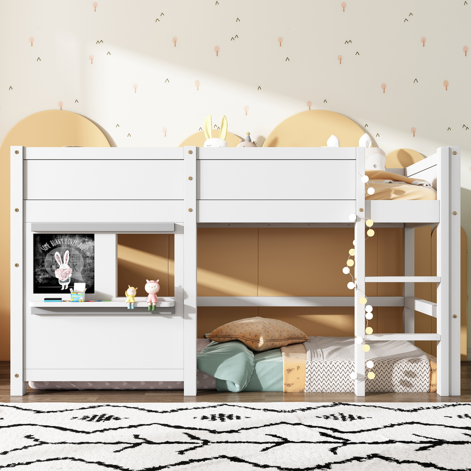 Lit maison, lit superposé, lit enfant, lit de jeu multifonctionnel avec deux planches Graffiti, avec petite étagère, 90x200cm, blanc