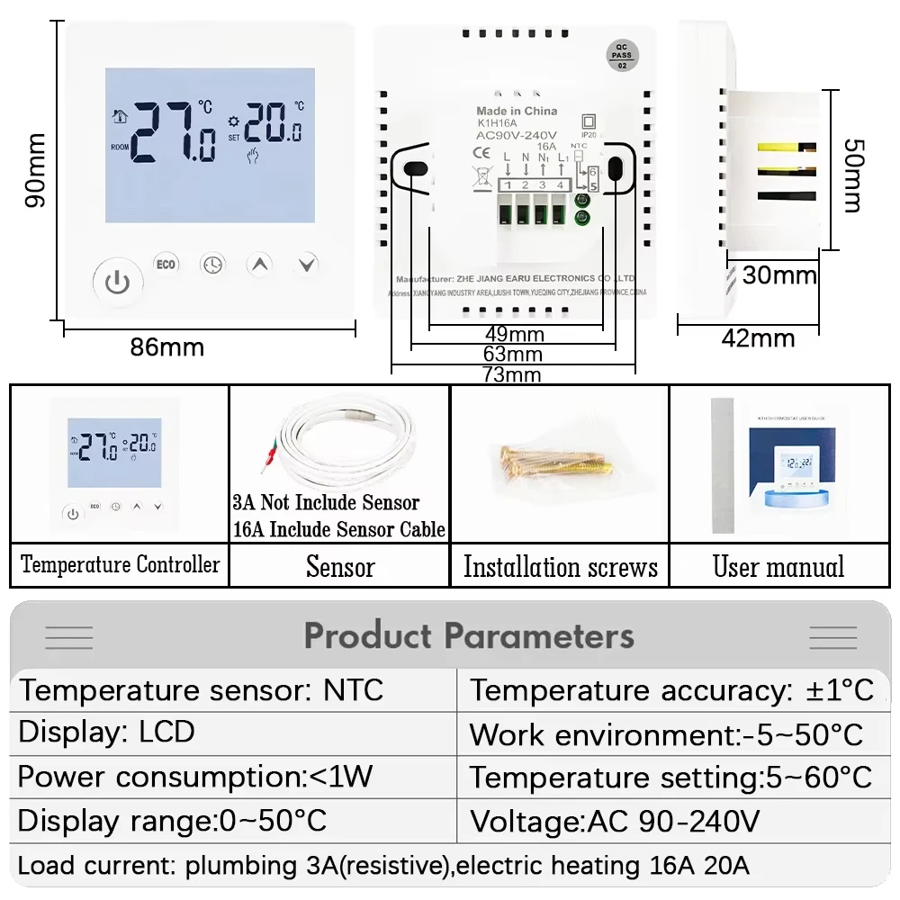 AC90V-240V 3A 16A Wasser Elektrische Boden Heizung TRV Haus Zimmer Thermostat Temperatur Controller Digitale LCD Display Wand Montiert