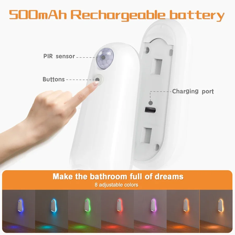 Lámpara Led inteligente para inodoro, luz nocturna RGB con Sensor de movimiento para baño y baño, 8 colores, inalámbrica, recargable por USB, resistente al agua