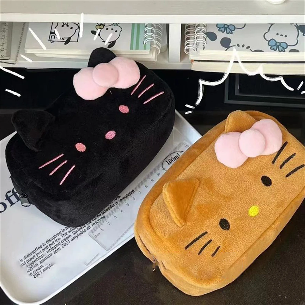 Bolsa de almacenamiento de felpa de Hello Kitty, bolsa de maquillaje Sanrio, estuche para lápices, bolsa de papelería para estudiantes de dibujos animados, bolsa de maquillaje para niña, regalo de cumpleaños