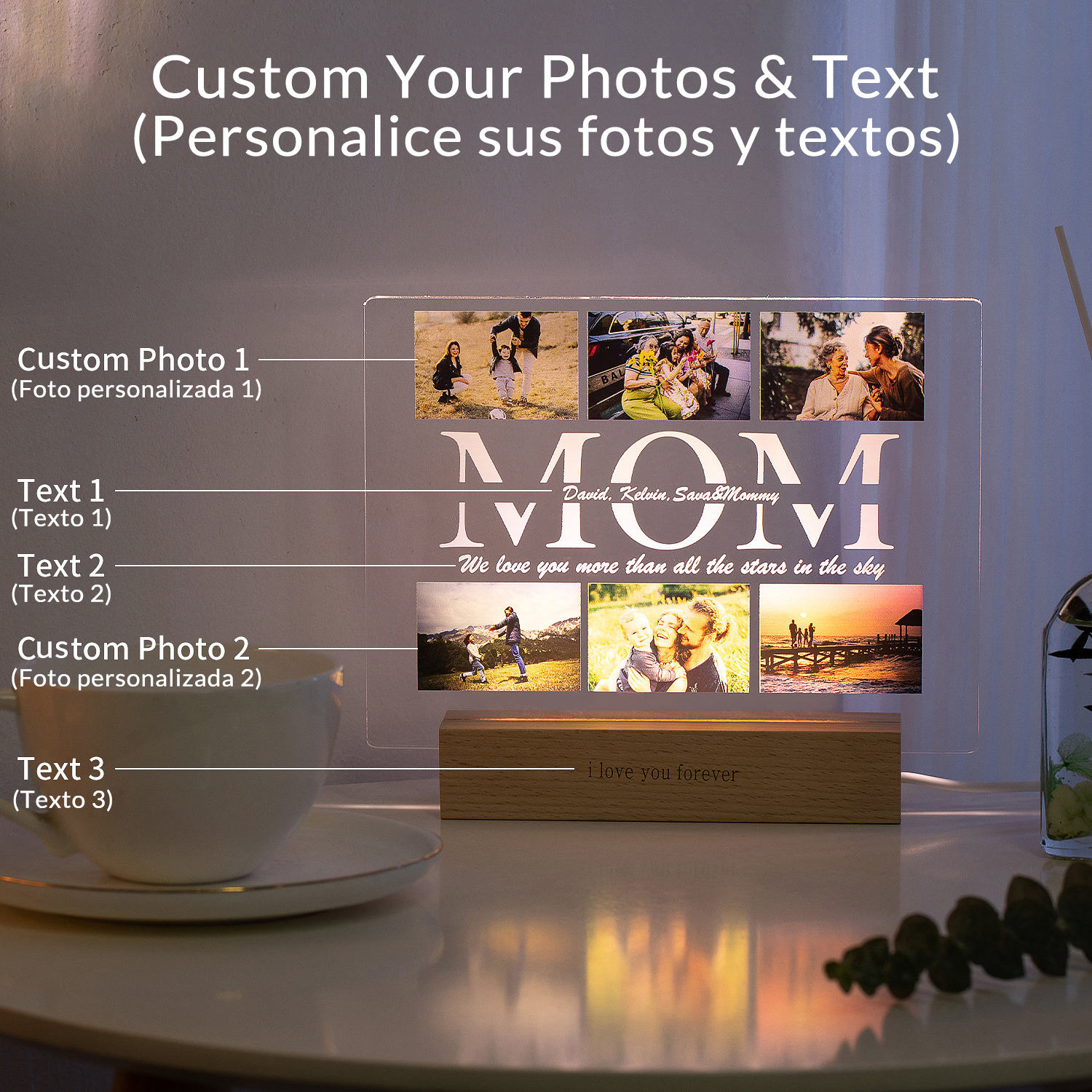 Lámpara acrílica 3D con texto de foto personalizado, luz nocturna personalizada para dormitorio, para mamá, papá, amor, familia, cumpleaños, regalo del día de Navidad