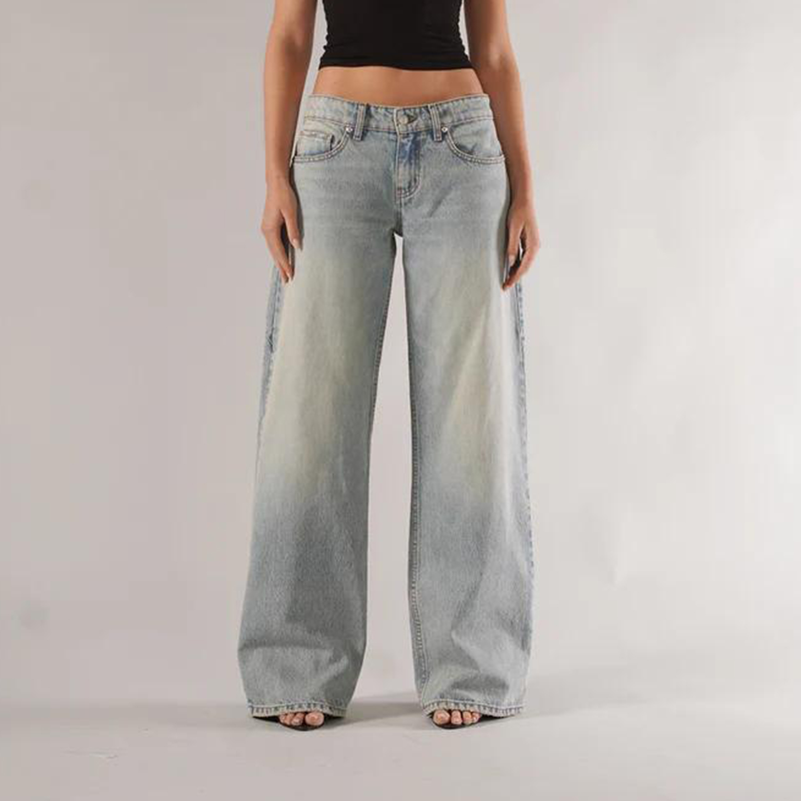 Calça jeans feminina Combhasaki Y2K vintage com bolsos estética solta cor gradiente botão cintura baixa perna larga calça comprida jeans